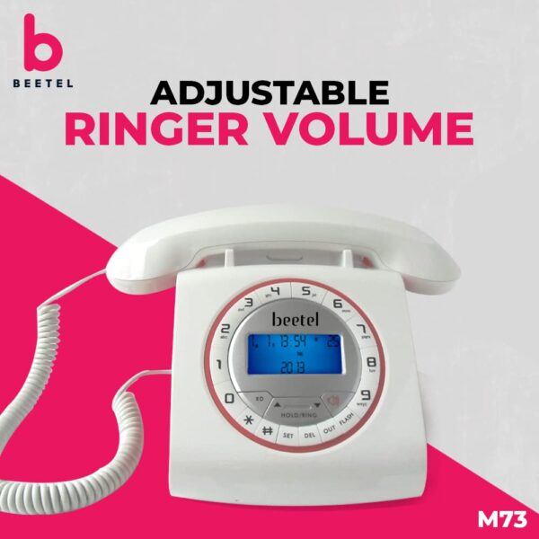 Beetel M73 Caller ID Corded Landline Phone with 16 Digit LCD Display, Retro Design, Alphanumeric Keypad, 2-Way Speaker Phone, Adjustable Ringing (White & Red) - Image 3
