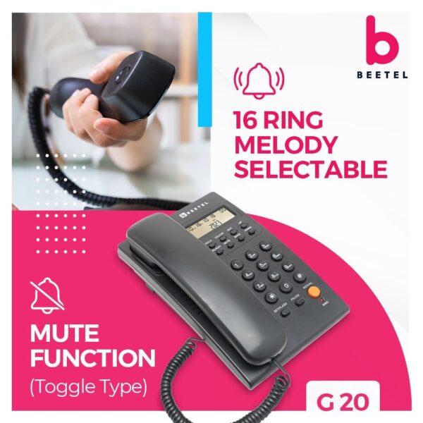 Beetel G20,TEC Certified,Caller ID Phone LCD Display, Ringer LED, DTMF/FSK Compatible, Adjustable Handset/Ringer Volume,Music on Hold,Desk/Wall Mountable,3 Level LCD Contrast,Alarm(Black) - Image 5