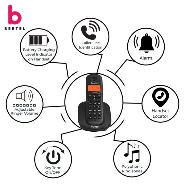 Beetel X73 Cordless 2.4Ghz Cordless Landline Phone with Caller ID Display, 2-Way Speaker Phone with Volume Controls, Auto Answer, Alarm Function, Stylish Design (Black) - Image 5