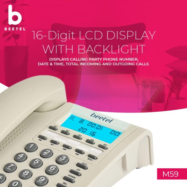 Beetel M59 Caller ID Corded Landline Phone with 16 Digit LCD Display & Adjustable contrast,10 One Touch Memory Buttons,2Ways Speaker Phone,Music On Hold,Solid Build Quality,Classic Design (White) - Image 4