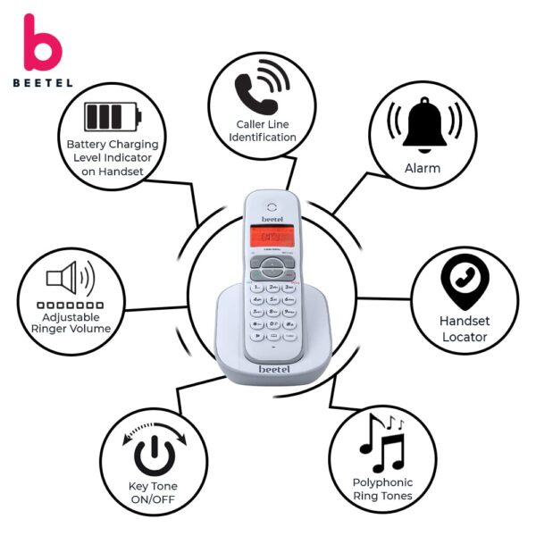 Beetel X73 2.4Ghz Cordless Landline Phone with Caller ID Display, 2-Way Speaker Phone with Volume Controls, Auto Answer, Alarm Function, Stylish Design (Grey/White) - Image 9