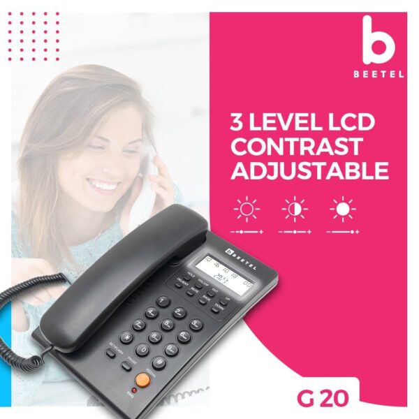 Beetel G20,TEC Certified,Caller ID Phone LCD Display, Ringer LED, DTMF/FSK Compatible, Adjustable Handset/Ringer Volume,Music on Hold,Desk/Wall Mountable,3 Level LCD Contrast,Alarm(Black) - Image 2