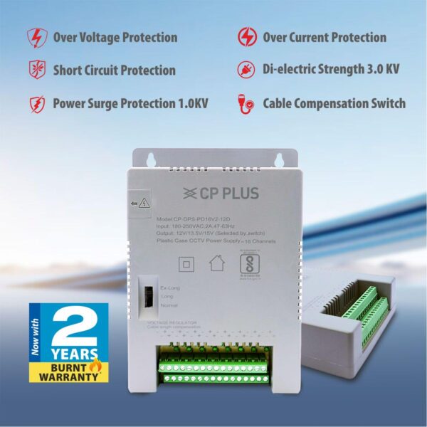 CP PLUS 16 Channel CCTV Power Supply SMPS | 12V 8A High Efficiency Adapter with LED Indicators | EMI Filter | Overload & Short Circuit Protection for Dome, Bullet & PTZ Cameras |CP-DPS-PD16V2-12D - Image 4