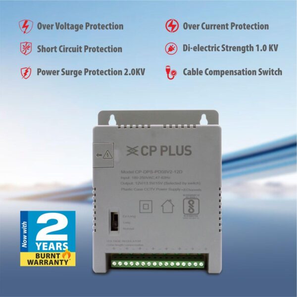 CP PLUS 8-Channel CCTV Power Supply SMPS | 12V 5A High Efficiency Adapter with LED Indicators | EMI Filter|Overload & Short Circuit Protection|Use for Dome & Bullet Cameras| CP-DPS-PD08V2-12D - Image 4