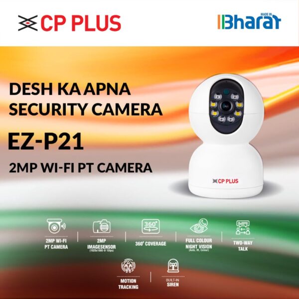 CP-Plus 2MP P21 Smart Wi-fi CCTV Camera | 360° & Full HD Home Security | Full Color Night Vision | 2-Way Talk | Advanced Motion Tracking | SD Card Support (Upto 256GB) | IR Distance 20Mtr | EZ-P21 - Image 2