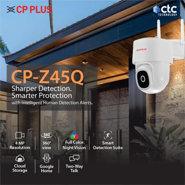 CP PLUS 4MP Quad HD Wi-Fi CCTV Camera for Outdoor | 360° Pan & Tilt | Full-Color Night Vision | CTC Cyber Secure Tech | Smart Detection Suite | View & Talk | OK Google | Cloud Recording | CP-Z45Q - Image 2